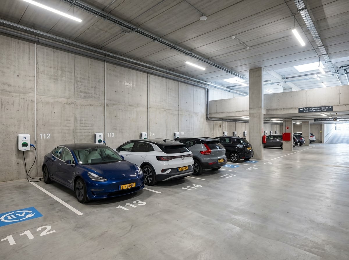 Laadpalen in een parkeergarage van een VvE